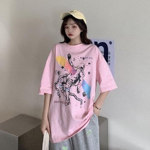 Summer letter cartoon printing loose short-sleeved T-shirt womens bottoming shirt all-match casual top women