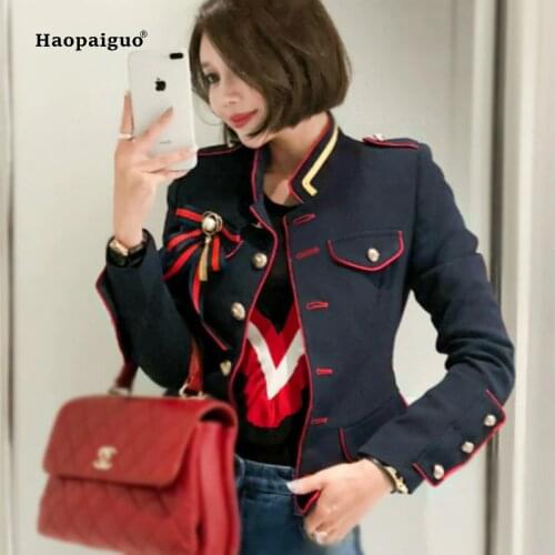 Fashion Plus Size Autumn Winter Women Coats 2021 Blue White Full Sleeve Stand Vintage Navy Uniform Coat Ladies Outwear Coats