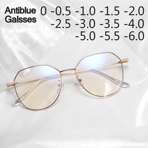 Anti Blue Light Polygon Frame Metal Myopia Glasses Men Women Nearsighted Eyewear -0.5 -1.0 -1.5 -2.0 -2.5 To -6.0