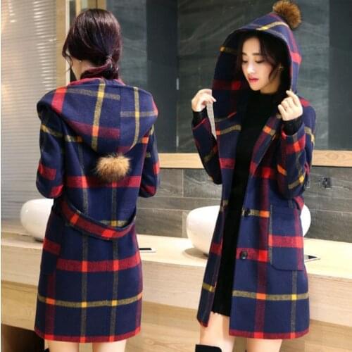 Fashion Lattice Woolen Jacket Female New Spring Autumn Womens Jackets Mid-Length Hooded Plaid Blended Woolen Coat Outerwear W6