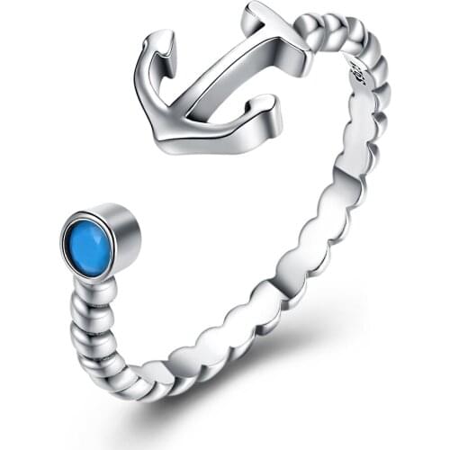 SILVERHOO Women Rings 925 Sterling Silver Simple Turquoise Boat Anchor Open Adjustable Punk Vintage Ring Mens Fine Jewelry Best