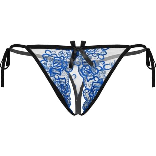 Men Low Rise See-through Embroidery Lace-up Panties Crotchless Sexy G-string Underwear Sissy Nightwear Underpants for Nightclub