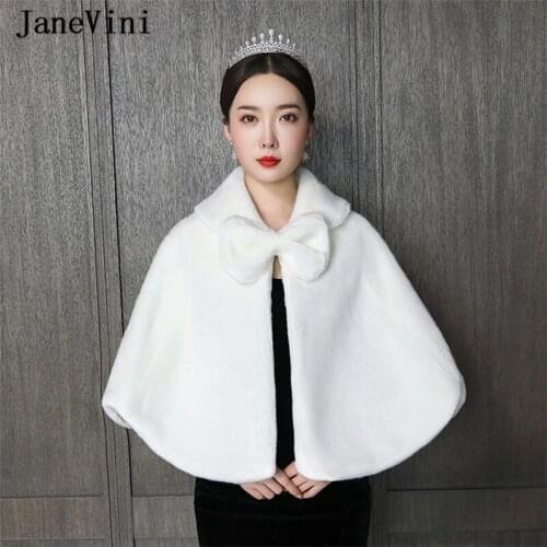 JaneVini Ivory Wedding Jacket Faux Fur Wrap and Shawl Fashion Bridal Boleros 2019 Warm Winter Coat Women Shrug Fur Wedding Capes