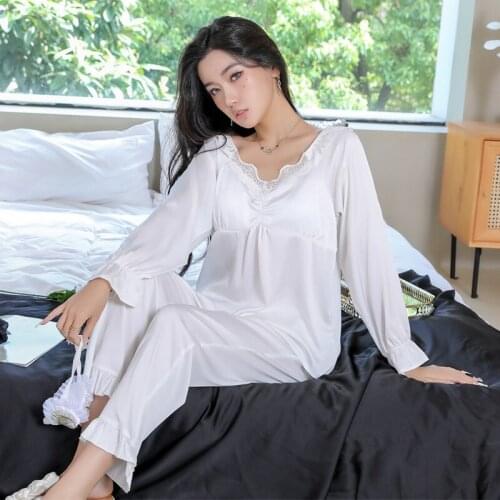 Princess Style Women Faux Silk Pajamas Sets 2PCS Lounge Bud Sleeve Pyjamas Lingerie Bride Sleepwear Autumn Loose Home Nightwear