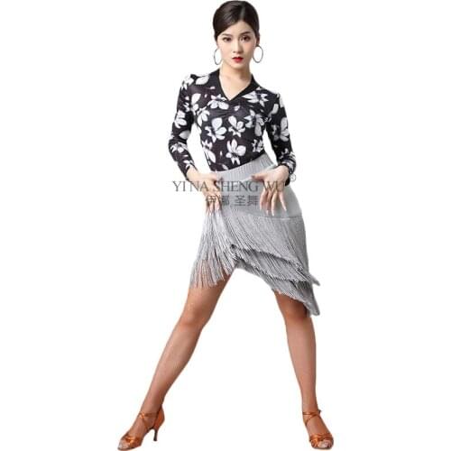 Latin Dance Costume Top Tassel Skirt Female Adult Digital Printed Latin Dance Exercise Clothes New Dance Performance Long Sleeve