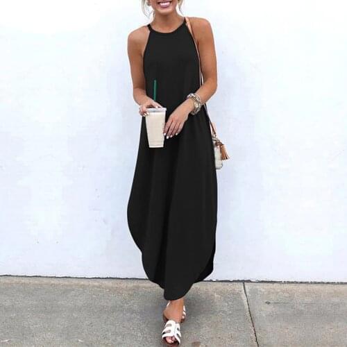 Summer New Fashion Casual Halter Long Dress Womens Smooth Comdy Round Neck Solid Color Irregular Sling Dress Daily Wear Dress