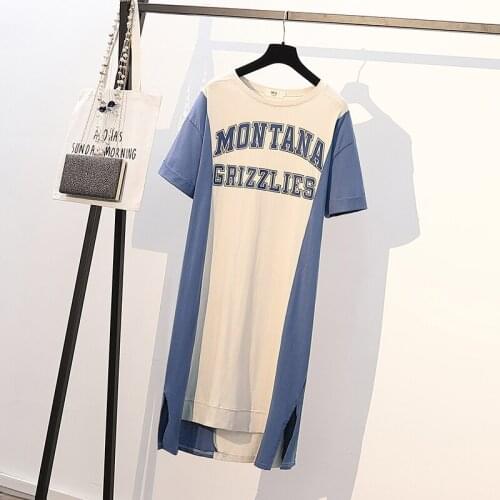 Plus size women Summer casual letter print dresses women patchwork short sleeve side split long dress cotton female long shirt