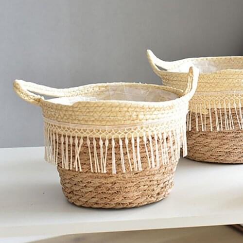 Bamboo Flower Pot Wickerwork Tassel Storage Basket Rattan Hanging Handmade Garden Flowerpot Home Dirty Laundry Hamper Container