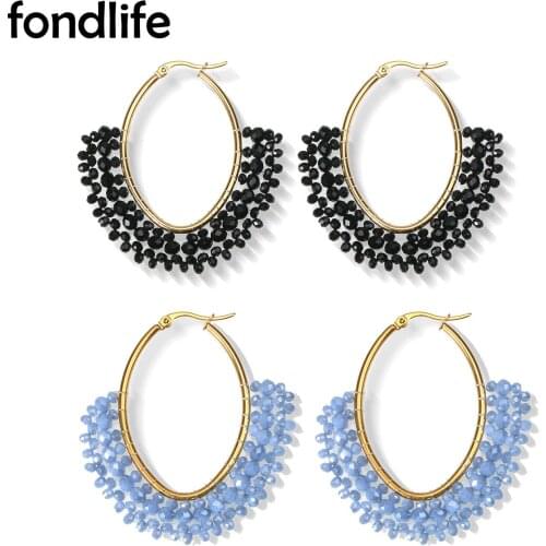 Bohemian Sparkling Crystal Half Fan Handmade Earrings Women Girl 2021 New Fashion Stainless Steel Boho Summer Beach Jewelry Gift