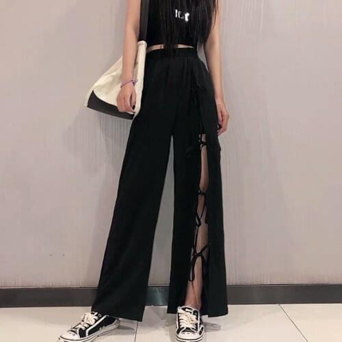 Women Oversized Female Fashion High Waist Wide Leg Streetwear Trousers Sexy Bandage Hole Casual Pants Ladies Summer Loose Pant