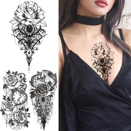 Black Henna Flower Temporary Tattoo For Women Girls Fake Jewelry Tattoos Geometric India Lace Chest Back Waterproof Tatoos Paper