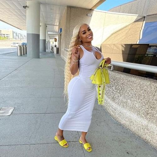 Hirigin Ins European and American cross border mid long skirt summer solid slim suspender skirt U-neck casual Stretch Dress