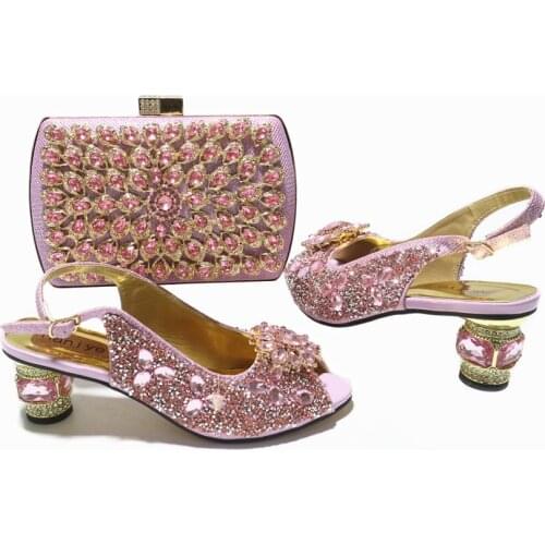 Italian Design Nigerian New Arrival Fashion Pink Color Party Ladies Shoes and Bag Set Decorated With Rhinestone and Appliques