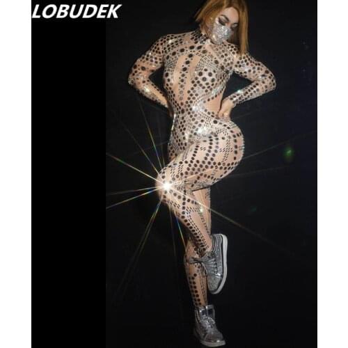 Nightclub Bar Female Singer Show Sequins Elastic Jumpsuit Long Sleeve Mirror Jumpsuits Stage Wear Fashion DJ Dancer Sexy Costume