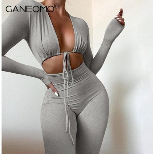 Long Sleeve Bodycon Jumpsuits For Women Elegant Sexy Skinny Cut Out Bodysuit Autumn Winter Woman Outfits Gray Playsuit Rompers