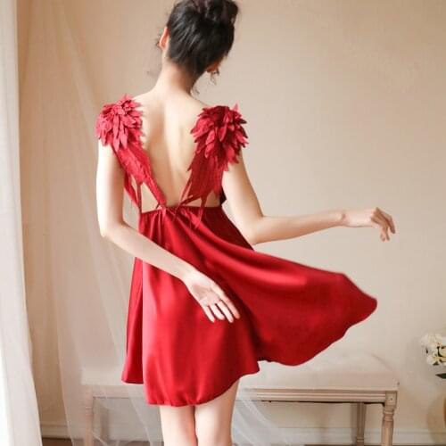 Sexy Mousse Sling Women Sleep Wear Satin Embroidery Deep V Nightgown Sets Sexy Evening Temptation Wings Angel High Quality