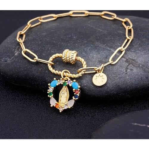 New Design Copper Zircon Colorful Crystal Virgin Mary Pendant Chain Bracelet For Women Female Fashion Wedding Party Jewelry