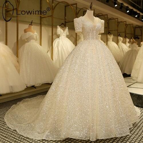 Real Image Sparkly Sequins Wedding Dresses 2021 Short Sleeves A Line V Neck Lace-up Back Bridal Gowns