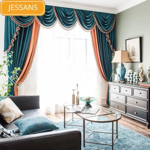 European-style High-end Solid Color Velvet Stitching Blackout Curtains for Living Room Bedroom Custom Finished Valance