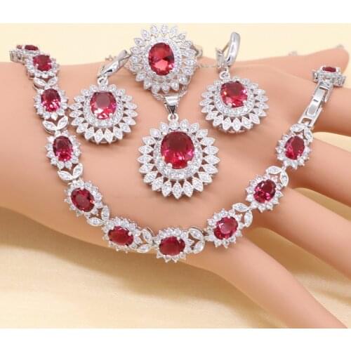 XUTAAYI Silver Jewelry Sets For Women Red Semi-precious Necklace Pendant Earring Ring Bracelet Wedding Jewelry Birthday Gift