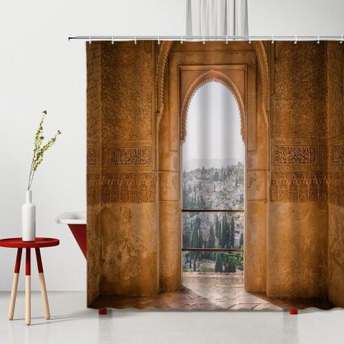 Retro Moroccan Arch Shower Curtain Architecture Landscape Pattern Polyester Home Bathroom Decor Bath Hanging Cloth Curtains Set