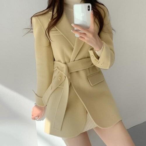 ZCSMLL Korean Spring Autumn Vintage Fashion Suit Tie Tie Waist Cardigan Long-sleeved Solid Color Loose Women Woolen Coat
