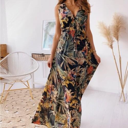 2021 Women Floral Print Sleeveless Dress Casual Bohemia Beach Long Dress Summer Backless High Waist A Line Sexy Sundress