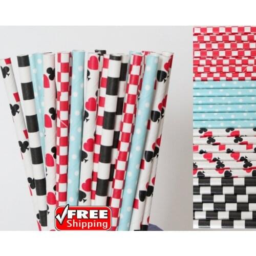 200pcs Mixed 4 Designs Black,Red,Light Blue Themed Paper Straws-Stripe,Dot,Casino,Checkered,Queen of Hearts,Playing Cards Party