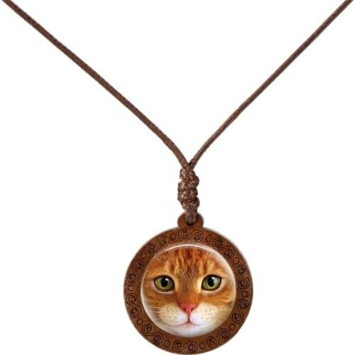 2019 Round Real Wood Glass Necklace Black Cartoon Cat Pendant Black Cat Jewelry Glass Picture Pendant For Men Women