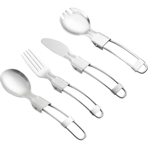 4 Pcs 1 Set Portable Tableware Outdoor Camping Travel Picnic Foldable Stainless Steel Cutlery Set Spoon Fork Knife