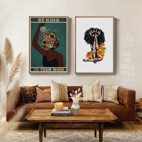 African Black Woman Canvas Painting Be Kind To Your Mind Yellow Daisy Wall Art Posters and Prints Vintage Living Room Home Decor