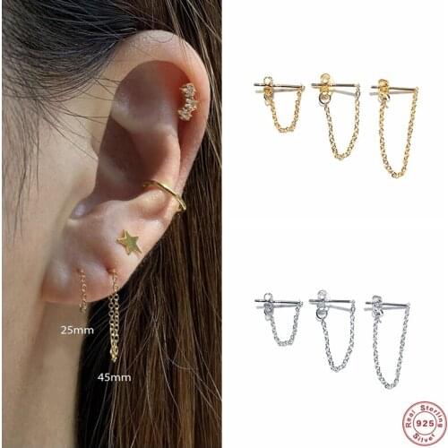 Aide 925 Sterling Silver Slim Chain Tassel Stud Earrings for Women Minimalist Loop Ear Stud Party Fine Jewelry Gift 3PCs/Set
