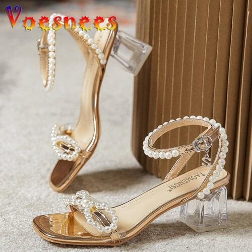 String Bead Buckle Strap Sandals Transparent Square Heel Summer Women Shoes Sweet Pearl Butterfly-Knot High Heels Wedding Shoes