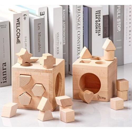 Wooden childrens gift beech unpainted primary shape with puzzle box geometric shape building block toy