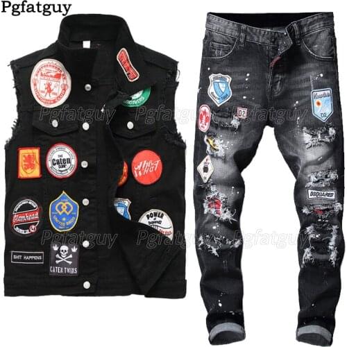 Embroidery Patch Design Vest and Jeans 2 Piece Set Mens Multi-badge Black Jeans Sets New Slim Denim Vest + Stretch Hole Jeans