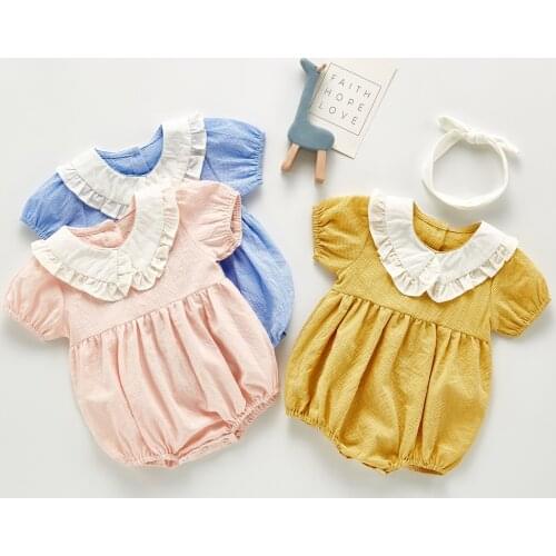 Summer Baby Girl 's Fashionable Doll Collar Plaid Short Sleeve Princess Dress Romper + Hair Band