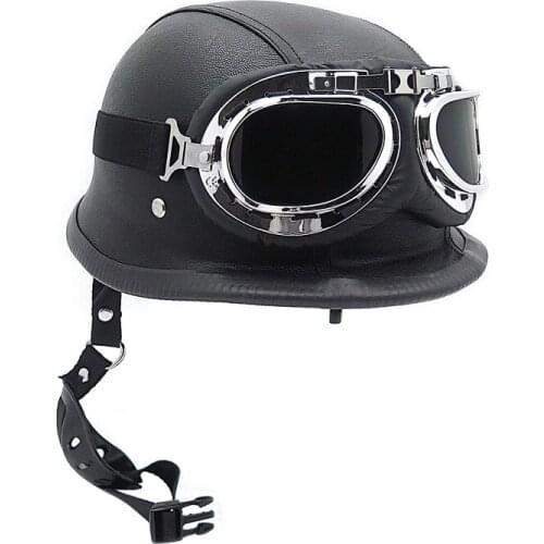 Aftermarket DOT German XL Leather Motorcycle Half Face Helmet Biker Pilot Goggles Black