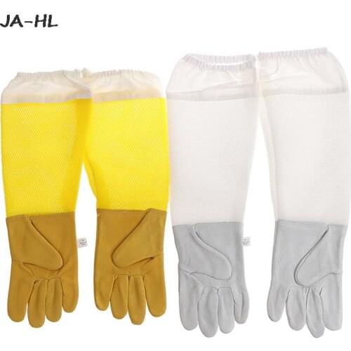 1Pair Beekeeping gloves Protective Sleeves breathable yellow mesh white sheepskin and cloth for Apiculture beekeeping gloves