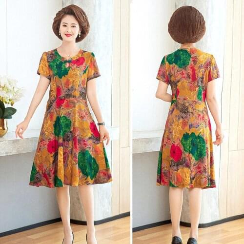 Middle-Aged Womens Summer Cotton Silk Dress 2021 New Mother Summer Print Short-Sleeved Dresses Female Simple Without Velvet