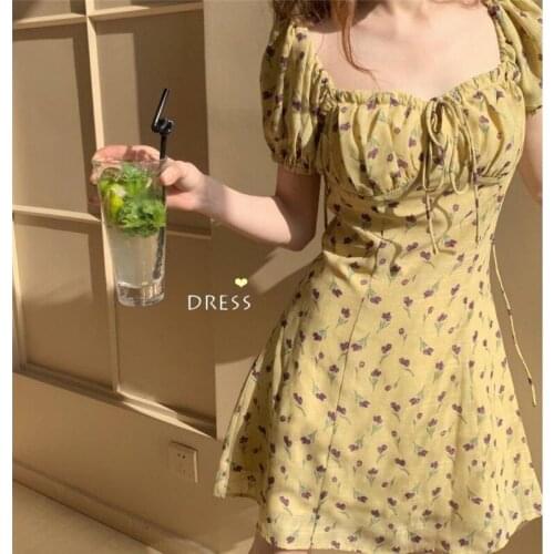 Summer Retro Sweet Dresses Lace Square Collar Chic Elegant Dress Youth Western Style Vivid French Girl Tulip Print Chiffon Dress