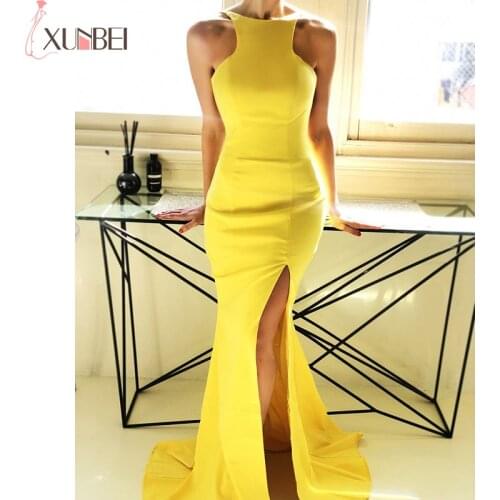 Sexy Backless Bridesmaid Dresses Yellow High Split Sexy Satin Sleeveless Formal Wedding Guest Dress vestidos fiesta boda