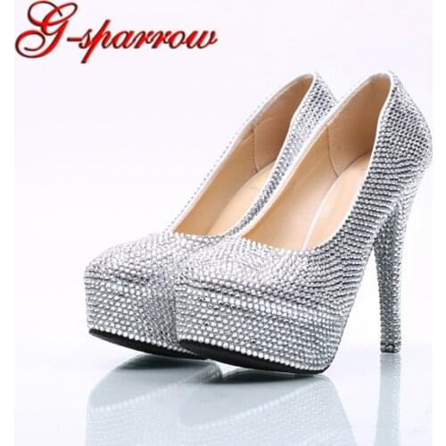 Silver Rhinestone Wedding Shoes Nightclub Party High Heel Shoes Cinderella Prom Pumps Handmade High Quanlity Women Dress Shoes
