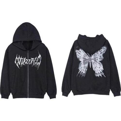 Hip Hop Streetwear Hoodies Butterfly Hooded Sweatshirt Women Jacket Coat Goth Harajuku Y2k Aesthetic Clothes Grunge Punk Jacket