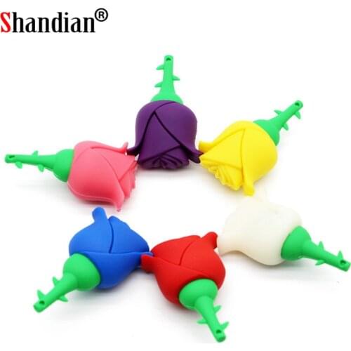 SHANDIAN Wholesale pen drive cartoon blue red pink rose 4gb/16gb/32gb/64G bulk love rose usb flash drive flash memory stick gift