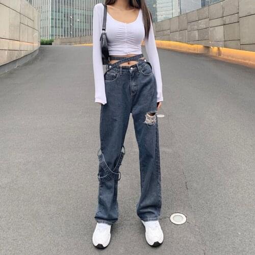 Spring Casual High Waist Jeans For Women Removable Floating Belt Denim Pants With Hole