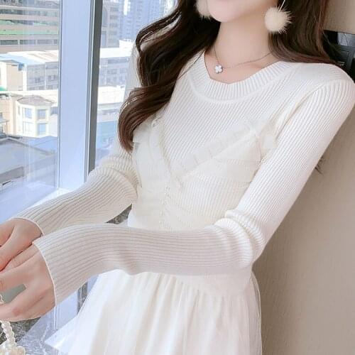 French Mesh Stitching Knit Sweater Dress Elegant Dresses For Women 2021 Fall Winter New One Piece Korean White Dress Midi Dress