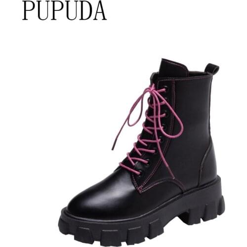 PUPUDA Platform Boots Women New Winter Boots Female Fashion Chunky Boots Women Lace Up Cowboy Boots For Women High 5.5Cm Casual