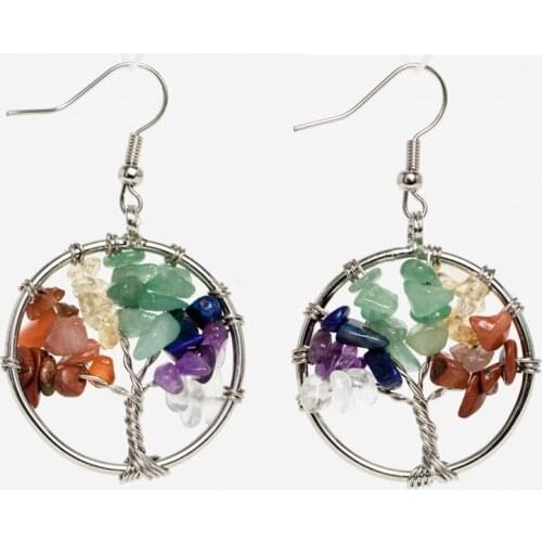 Womens Tree of Life Women Drop Earrings Round Natural Chip Gem Stone Opal Tiger Eye Pink Crystal Dangle Hook Earring Jewelry