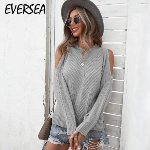 Eversea Pullover Sweater With Bare Shoulder Women Elegant Winter Warm Streetwear Minimal Design Knit Tops