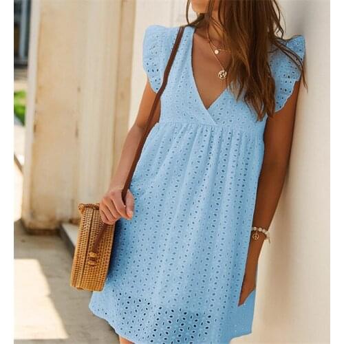 Vintage Sweet Hollow Out Cotton Dress Woman Flying Sleeve Lace Deep V-neck Mini Dress Ruffles Candy Color 2021 New Cute Fashion